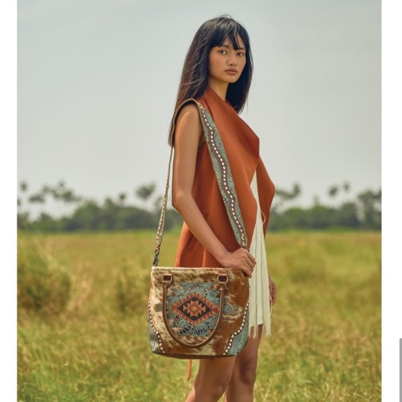 New Genuine Leather Bohemian Western Print Tote Bag Shoulder Bag Handbag - Picture 8 of 13